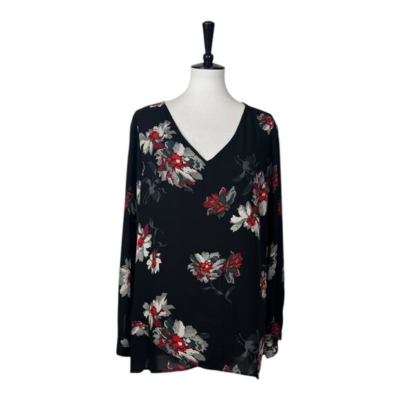 Chelsea & Theodore Tunic Top V-neck Chiffon Black Red Floral Women’s Size XL - Picture 10 of 11